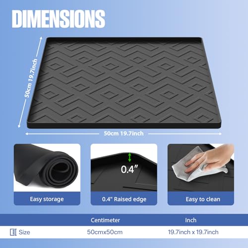 Water Cooler Mat – 19.7" x 19.7" Silicone Water Dispenser Mat for Floor & Countertop, Spill-Proof & Waterproof Tray for Coffee Maker, Kitchen, Pets, Office Use (Black, 19.7' * 19.7') - view 2
