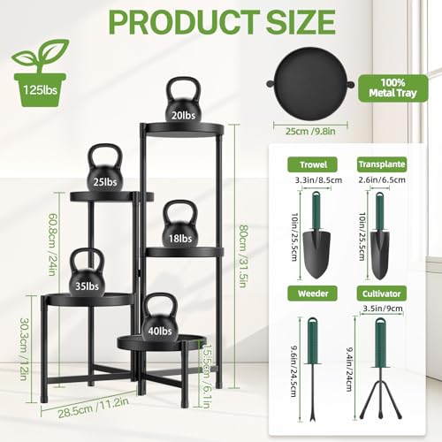5 Tier Large Plant Stand with Garden Tools, 10 Inch Tray, Black - view 2