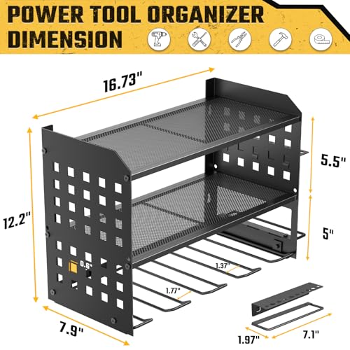 Power Tool Organizer, Drill Holder Wall Mount with 2 Side Pegboards with Hooks, 3 Layer Garage Organization Heavy Duty Tool Organizers Utility Rack for 4 Drill Holders Black - view 4