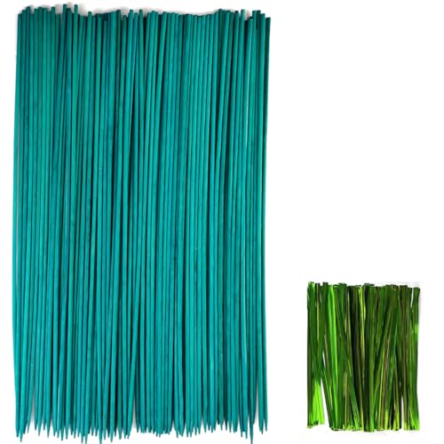 100PCS 18" Wooden Garden Stakes with 100PCS 4" Garden Ties, Green Bamboo Sticks, Floral Plant Support, Tomato Stakes - view 6