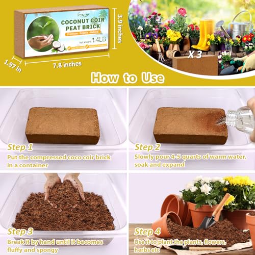 3 Pack Organic Coco Coir Brick for Plants, Natural Coconut Coir Soil - view 4