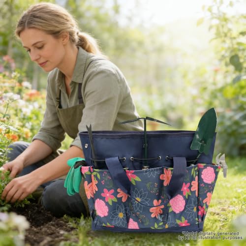 Waterproof Garden Tool Bag, 600D Oxford Portable Gardening Tote with Handle & Multi Pockets, Ideal Gifts for Parents Women (Blue, Tools Not Included) - view 7