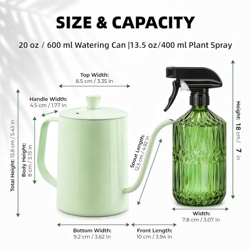 2 Pack Small Watering Can for Indoor Plants, 20 oz Metal Plant Watering Can with Long Spout for House Plants, 13.5 oz Glass Plant Mister Spray Bottle for Bonsai Garden Flowers Decorative - view 3