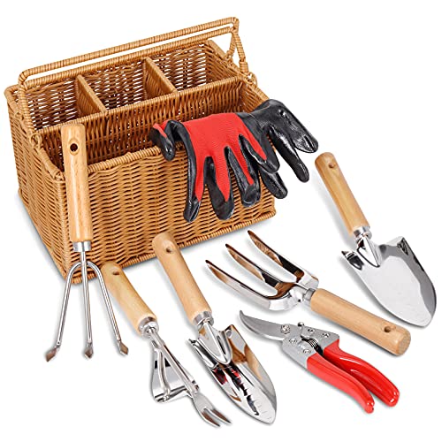 8 Piece Garden Tools Set with Basket, Gardening Gifts for Women Men