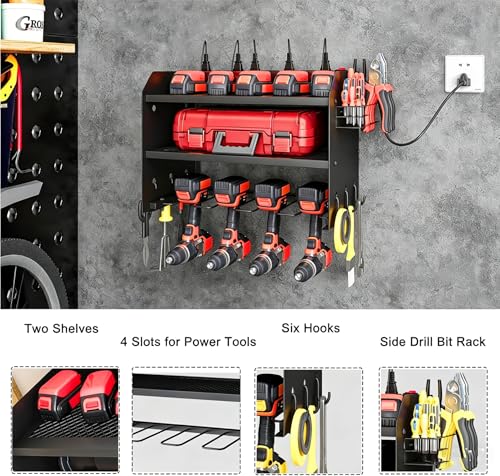 Wall Mount Power Tool Organizer with Charging Station, Black Drill Holder - view 3