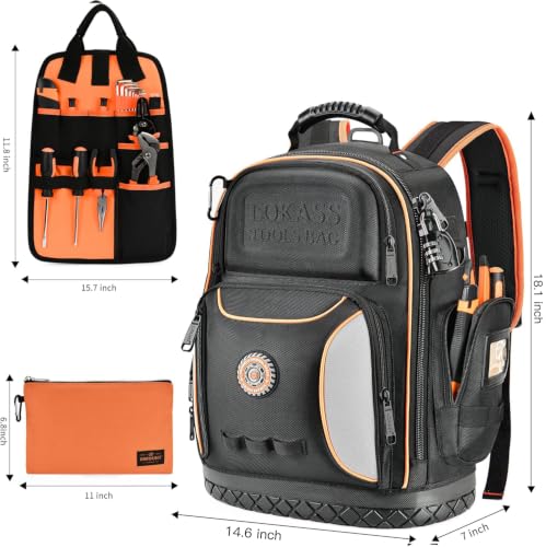 Tool Bag Backpack with 2 Canvas Tool Pouch Tool Kit, 75 Pockets & Loops Heavy Duty Tools Organizer/HVAC Tool Carrier for Eelectrician/Construction Work with Molded Base and Combination Lock, Black - view 5
