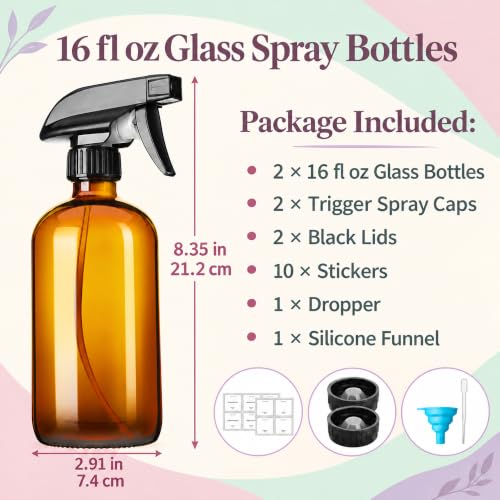 16oz Amber Glass Spray Bottles,2 Pack Glass Spray Bottles Refillable Empty Bottle with Adjustable Nozzle,Spray Bottle for Essential Oils,Cleaning,Pets,Hair Mister - view 2