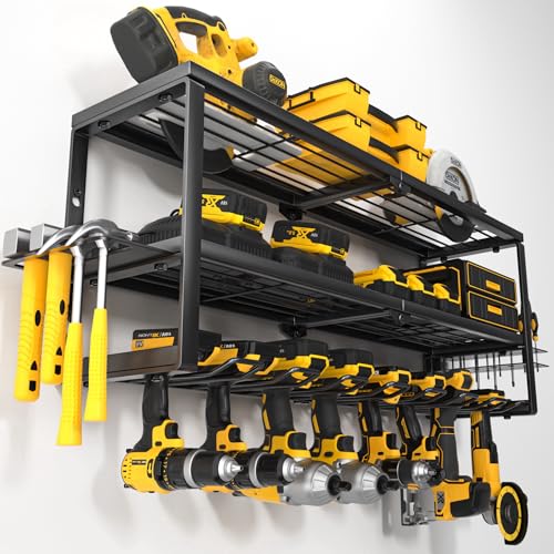 Heavy Duty Power Tool Organizer Wall Mount, Cordless Drill Hanger Storage Rack, Battery Tools Holder with Charging Station Shelf for Garage Organization, Workshop, Pegboard, Shed - 32 Inch 8 Slots
