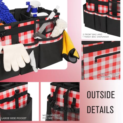 Wearable Cleaning Caddy, Cleaning Caddy Supplies Organizer with Handle & Shoulder Straps for Housekeepers, Under Sink & Car Cleaning Tool Organizers Bag with 4 Foldable Divider (RedPlaid) - view 3