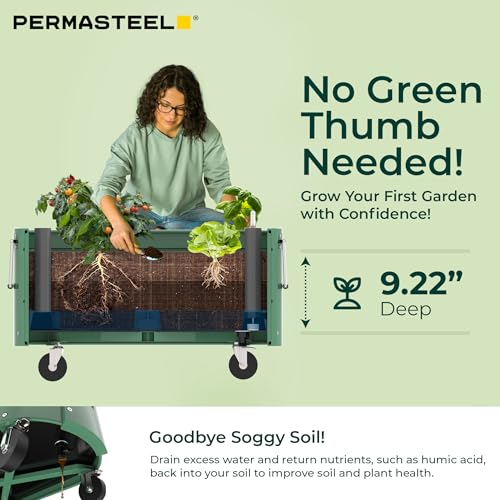 Permasteel Raised Garden Bed Outdoor Planter, Self-Watering with Castor Wheels, for Vegetables, Flowers, Herbs, and Fruit, Sage - view 4