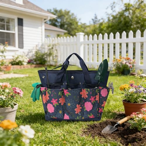 Waterproof Garden Tool Bag, 600D Oxford Portable Gardening Tote with Handle & Multi Pockets, Ideal Gifts for Parents Women (Blue, Tools Not Included) - view 6