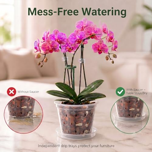 Orchid Pot -6 Pack 7 Inch Orchid Pots with Holes and Saucers, Clear Plastic Plant Pots with 8 Support Stakes and Clips, Orchid Repotting Kit for Indoor Plants (7 Inch) - view 3