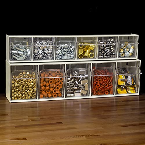 TiltView Plastic Storage Cabinet with 5 Tilt Out Bins, Horizontal Plastic Parts Organizer, Teacher Toolbox, and Office Supply Organizer, 23-5/8" W x 6-1/2" H x 5-5/8" D, Stone - view 2