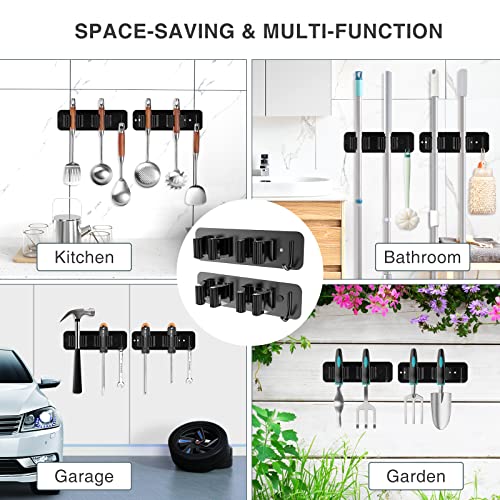 Wall Mount Mop and Broom Holder, Heavy Duty Stainless Steel Organizer Rack with Hooks | 2-Pack, 2-in-1 No Drill & Screw Installation, Black - view 6