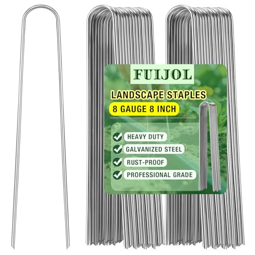 8 Gauge Landscape Staples, 8 Inch Heavy Duty U-Shaped Landscape Stakes, 100 Pack Galvanized Garden Staples for Weed Barrier Stakes, Ground Cover, Irrigation Tubing, Fence (100)
