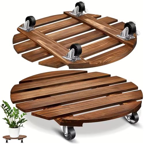 2Pcs Plant Caddy with Wheels 12" Wooden Plant Caddy with Lockable Casters