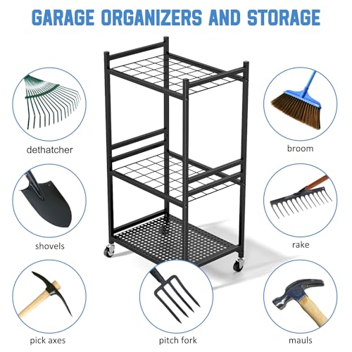 Garden Organizer With Wheels, Yard Tower Rack for Garage Storage, Up to 35 Long-Handled Tools, Sturdy Metal Steel Holder With 3 Hooks, Outdoor, Black - view 5