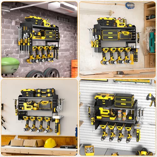 Power Tool Organizer, Drill Holder Wall Mount with 2 Side Pegboards with Hooks, 3 Layer Garage Organization Heavy Duty Tool Organizers Utility Rack for 4 Drill Holders Black - view 7