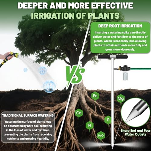 Deep Root Tree Watering Tool, Stainless Steel Tree Watering Spike with Fertilizer Bottle, Root Feeder with Brass Valve T-Handle, Irrigation System Watering Stake for Garden Orchard Shrub - view 3