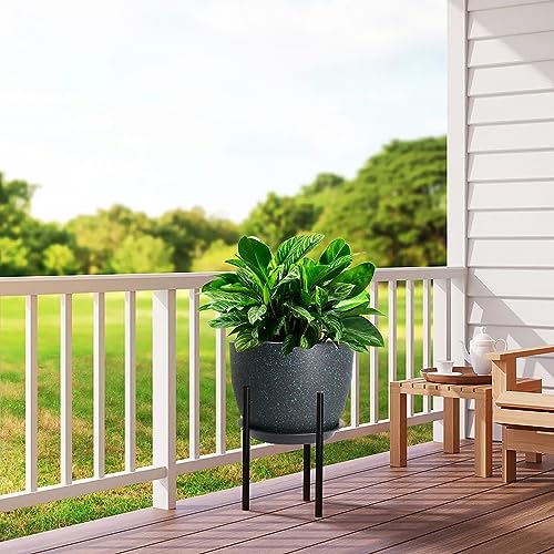 12/10/9 Large Modern Plant Pots, Plastic Planters with Drainage Holes and Saucers for Indoor Outdoor Plants Flowers, Black with Green Speckles - view 5