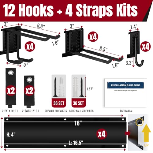 66" Garage Tool Organizer Wall Mount,20 PCS Wall Mounted Garden Tool Storage Rack Carries 720lbs, 4-Panel Steel Tool Hanger System for Shovels Rakes Brooms – Fits 16" Wall Studs - view 3