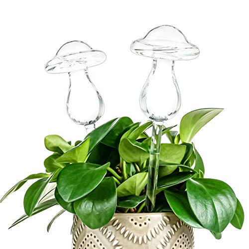 Mushroom Shaped Self-Watering Globes - 2 Pack Glass Automatic Plant Waterer for Indoor Outdoor Plants, Water Bulbs & Decorative Stakes for Plant Lovers