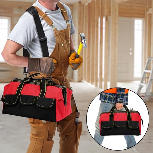16 Inch Wide Mouth Tool Bag, Collapsible Tool Tote with Waterproof Coating and Adjustable Strap, Portable Electrician Tool Organizer Handbag with 5 Outside Pockets, Red - view 6