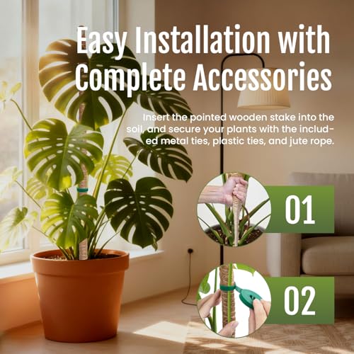 2 Pack 39 Inch Bendable Moss Pole for Plants Monstera - Coco Coir Plant Support Stakes for Climbing Indoor Pothos, Potted Climbers & Philodendron - Flexible Stick Kit with Full Garden Ties - view 6