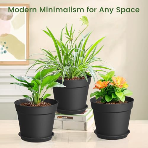 10 Pack 6 Inch Plant Pots with Drainage and Saucers, Black Plastic Flower Pots for Indoor and Outdoor Plants, Stackable Nursery Planters for Houseplants and Herbs, Black - view 6