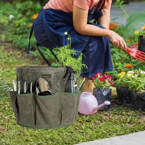 Professional 16oz Waxed Canvas Garden Tool Tote - Extra Large Waterproof Storage with 8 Pockets & Reinforced Base | Durable Carrying Case for Gardening, Landscaping & Outdoor Work - view 5