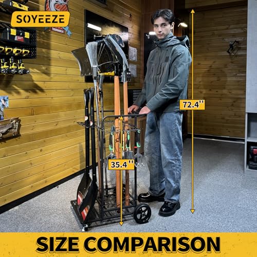Garden Tool Organizer with Large Wheels, Heavy Duty 3-Tier Yard Tower Tool Rack for Garage, Holds Up to 35 Long-Handled Tools, Garden Tool Cart with 12 Hooks for Tool Organization Storage - view 2