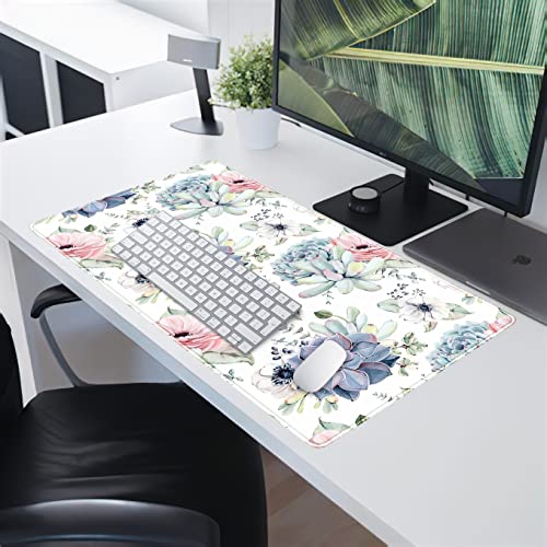 Watercolor Succulents Desk Mat, Plants Succulent Roses Desk Pad Protector, Large Gaming Mouse Pad, Stable Rubber Base Mousepad with Stitched Edges, Keyboard Mouse Mat for Work, Game, Office, Home - view 5