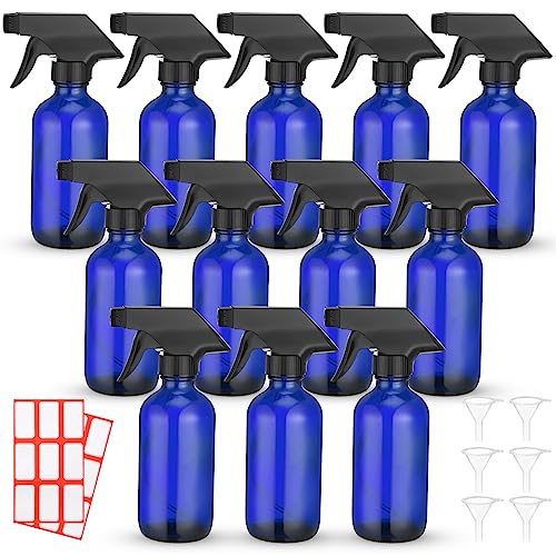 12 Pcs 8 oz Glass Spray Bottles, Funnels and Labels, Blue, Classic