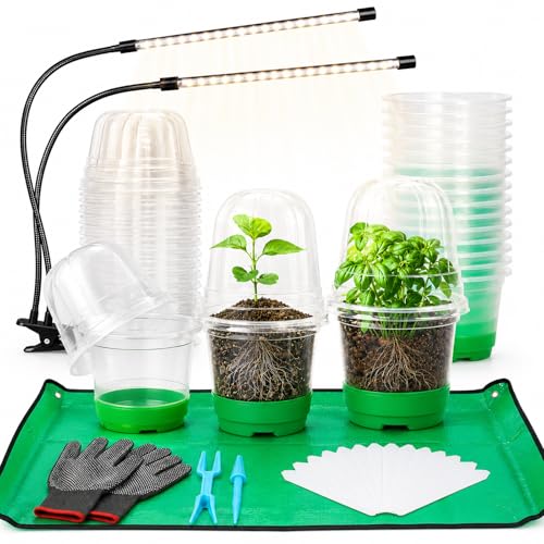 59Pcs Clear Nursery Pots Kits with Grow Light Includes 22 Pack 4'' Seed Starter Pots with Silicone Base & Lids, Clear Plant Pots for Propagation, Seedling Pots Kit with Drainage, Labels, Repotting Mat