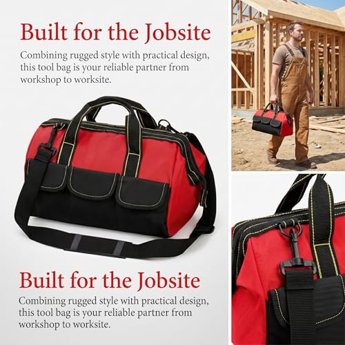 16 Inch Wide Mouth Tool Bag, Collapsible Tool Tote with Waterproof Coating and Adjustable Strap, Portable Electrician Tool Organizer Handbag with 5 Outside Pockets, Red - view 7