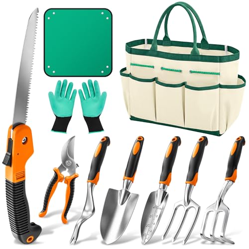 Garden Tool Set Gardening Tools - Heavy Duty Aluminum Tool Kit with Non-Slip Handle, Gardening Gloves and Tool Bag for Weeding, Planting and Pruning, Gifts for Women Mom (Orange Set)