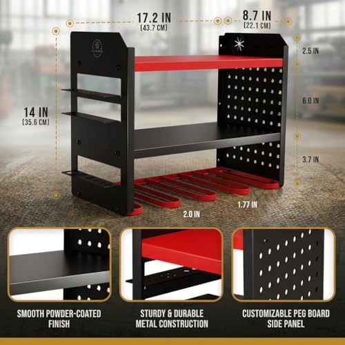 Power Tool Organizer Wall Mount – 3-Tier Heavy-Duty Steel Rack, 4 Drill Slots, Pegboard + Utility Side, 100 lb Capacity – Garage, Workshop & Shed Storage (Red) - view 4