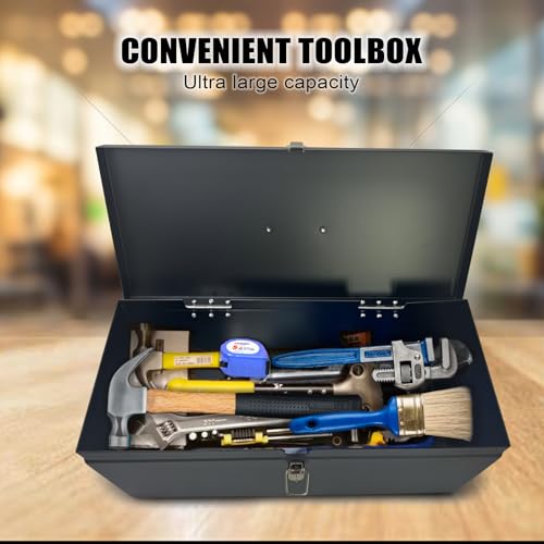 Small Steel Metal Tool Box, Lockable Storage Box for Storing Valuable Items, Office Documents, Garage Tools (16" Black) - view 4