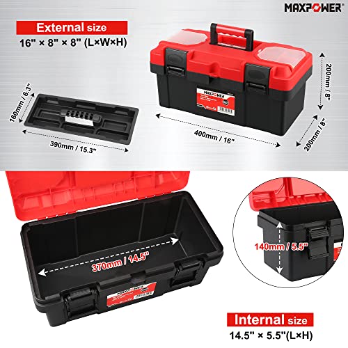 Tool Box 16 inch, Plastic Small Tool Box with Latch Removable Tray - view 2