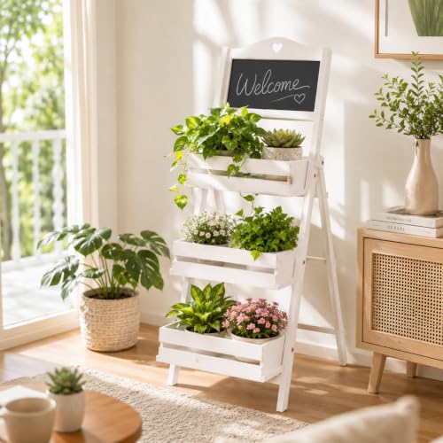 3-Tier Plant Stand Wooden Plant Rack with Chalkboard, China Fir 22.05LBS Load Foldable No Assembly, Hollow Shelf Guardrail Home Garden (White) - view 5