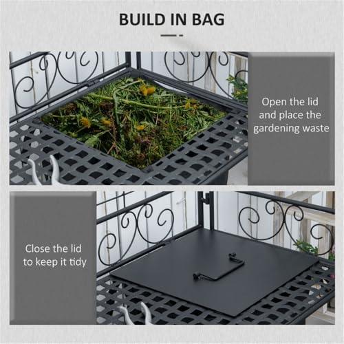 Folding Potting Bench Table, Metal Garden Workstation, Work Bench with Build-in Bag, 5 Hanging Hooks & Storage Shelf, Outdoor Table Potting Shelf for Plant Accessories & Gardening Supplies Storage - view 5