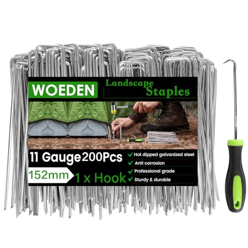 200 Pack 6 Inch Landscape Staples + 1 Hook 11 Gauge Heavy Duty Galvanized Garden Stakes, U-Shaped Ground Pins for Weed Barrier Fabric, Drip Irrigation Tubing, Sod, Lawn & Christmas Outdoor Decorations