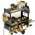 Power Tool Organizer Wall Mount with Charging Station, Cordless Tools Hanger and Battery Storage Rack for Garage Organization, Heavy Duty Drill Holder Shelf Build in Metal Power Strip - Black