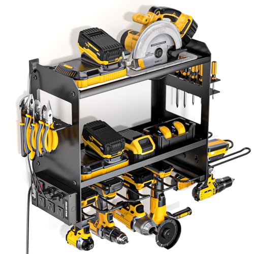 Power Tool Organizer Wall Mount with Charging Station, Cordless Tools Hanger and Battery Storage Rack for Garage Organization, Heavy Duty Drill Holder Shelf Build in Metal Power Strip - Black