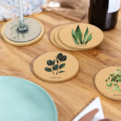 Plant Coasters for Drinks with Holder Set of 6, Illustration Absorbent Cork Coaster for Cup Desk Office Table Kitchen Decor House Warming Gifts for New Home Couples, Round 4" - view 5