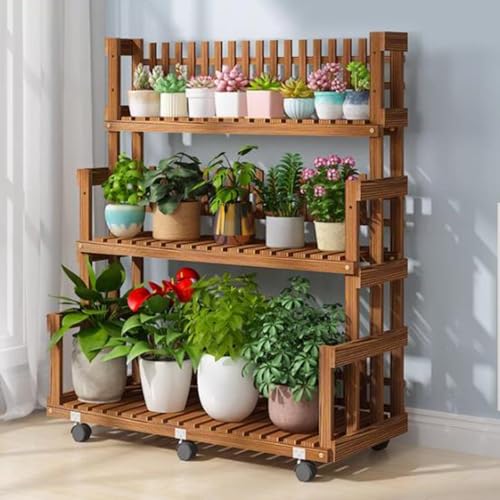 Adjustable 3-Tier Wooden Plant Ladder Shelf with 6 Wheels - Indoor/Outdoor Flower Pot Display Rack - Versatile Garden Organizer for Home Decor and Plant Care