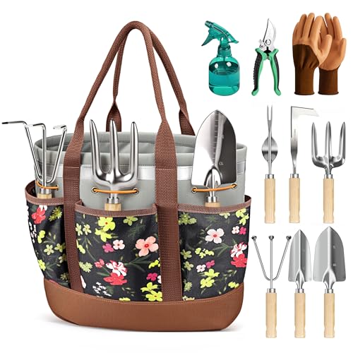 10Pcs Garden Tool Set, Rust-Proof Stainless Steel, Ash Wood Handles