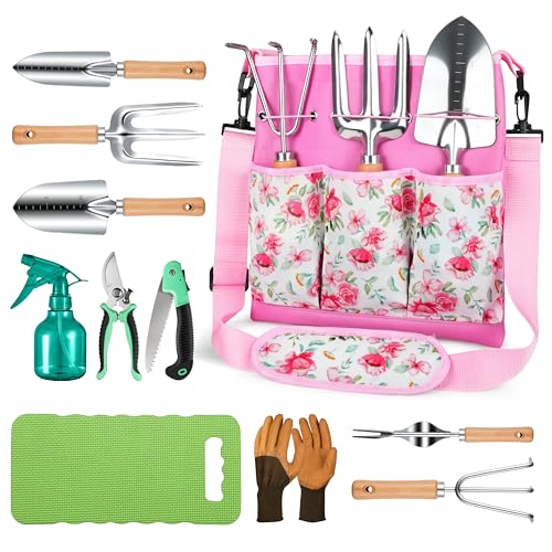 Gardening Tools Set, 11-Piece Rust-Proof Kit with Bag, Pink