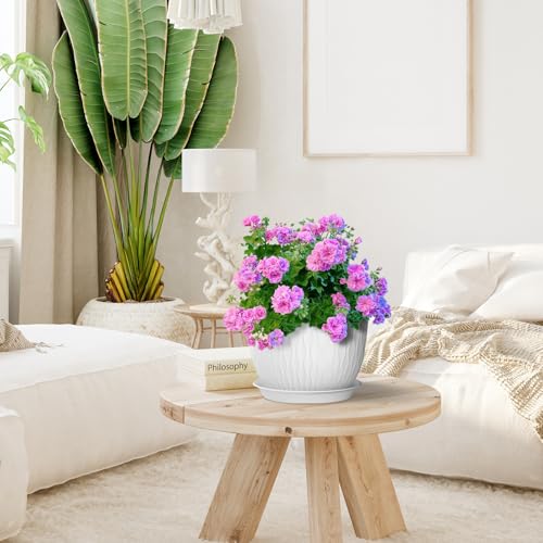 12/10/9 inch Large Plant Pots, 3 Pack Wide Flower Pots for Outdoor Indoor Plants with Water Ripples, Big Plastic Planters with Drainage Holes and Saucers for Garden House Plants, White - view 5