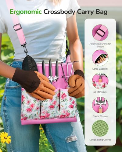 Gardening Tools Set, 11-Piece Rust-Proof Kit with Bag, Pink - view 3